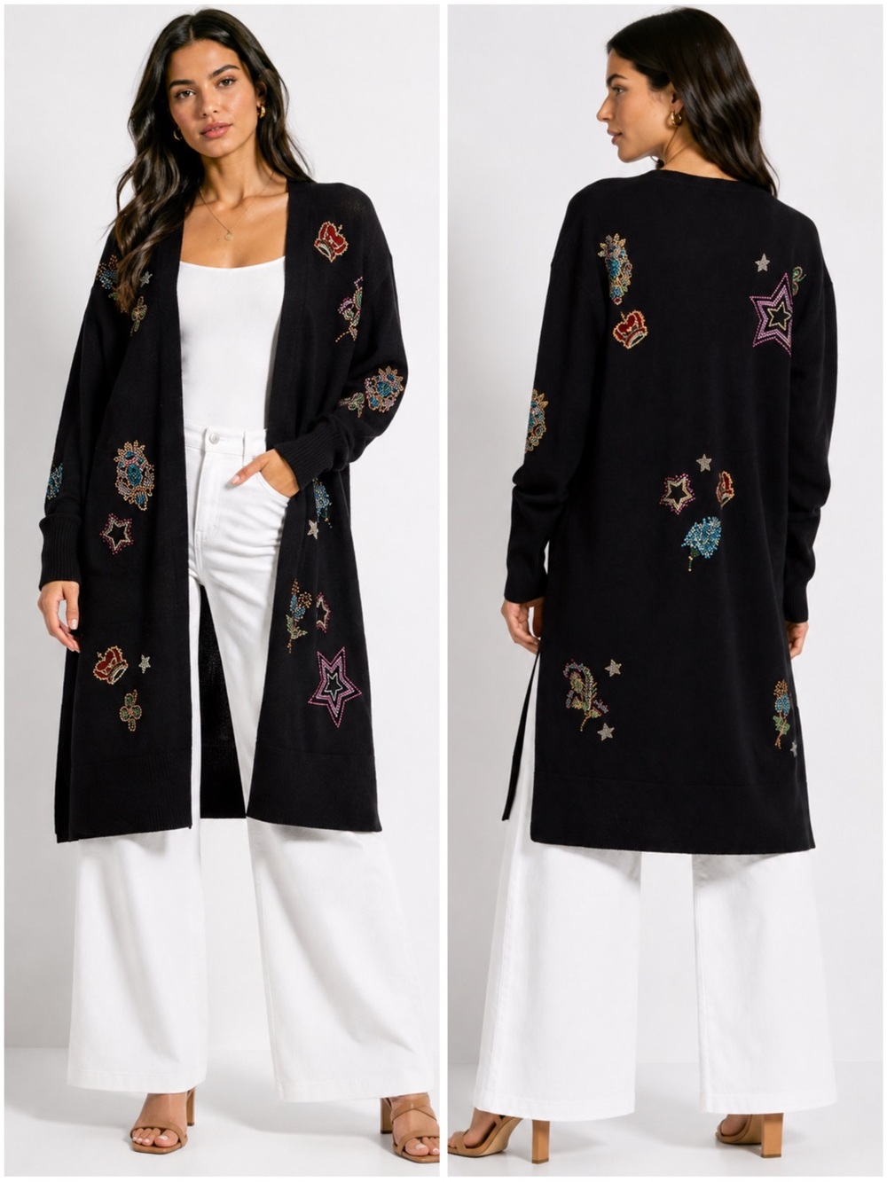 Johnny Was Ladie Rhinestone Wool Cashmere Open Front Cardigan Designer Size XS